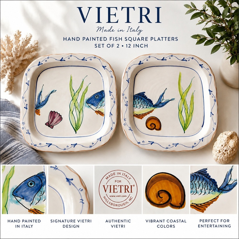 VIETRI Italy Hand Painted Fish Coastal Square Serving Platters 12" Set of 2